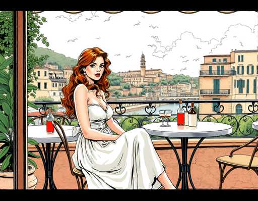 The image depicts a woman sitting at an outdoor table on a balcony overlooking the city of Rome. The woman is wearing a white dress and has red hair that contrasts with her attire. She is holding a glass of wine in one hand and a bottle of water in the other. The table is set for two, with two chairs positioned around it. In the background, there are buildings visible through the balcony's railing, suggesting an urban setting.