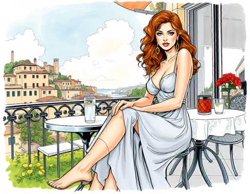 A woman with red hair is sitting on a balcony overlooking a cityscape. She is wearing a white dress and holding a glass of water. The balcony has two chairs and a table, suggesting it's part of an outdoor dining area.