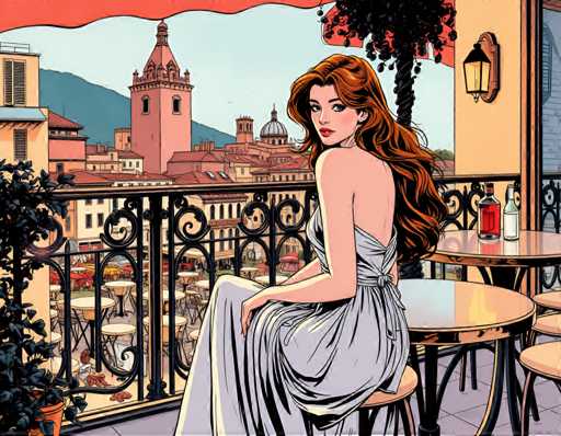 The image depicts a woman sitting on a balcony with her back to the viewer. She is wearing a long white dress and has red hair that falls over her shoulders. The balcony overlooks a cityscape filled with buildings of various sizes and colors, including a pink building in the background. A potted plant can be seen near the railing, adding a touch of greenery to the scene.