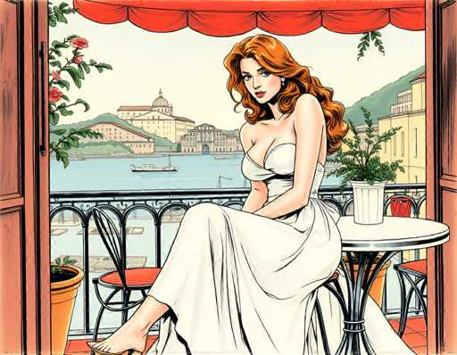 A woman with long red hair is seated at a table on a balcony overlooking the ocean. She is wearing a white dress and has her legs crossed. The balcony features two chairs and a potted plant. In the background, there are buildings and boats visible in the water below.