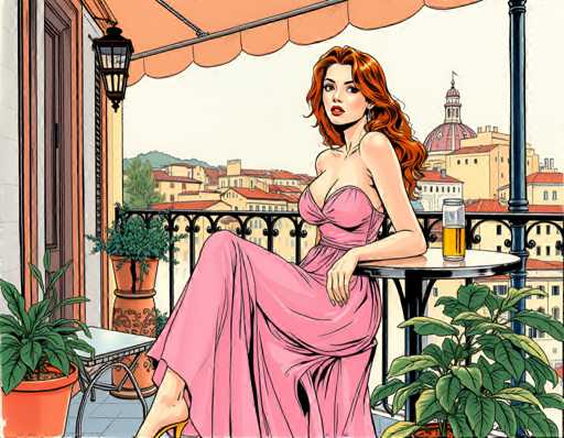 A woman is seated on a balcony with her legs crossed and wearing a pink dress. The balcony has an orange awning that provides shade over the seating area. A potted plant is located next to the woman's seat, and there are two other potted plants in the background. On the table below the woman sits a glass of beer.