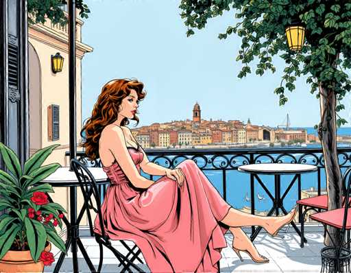 A woman is seated on a black wrought iron chair with her legs crossed and wearing a pink dress. She is looking out over the ocean from an outdoor patio area of a building. The patio features two tables and chairs, one red and one white, as well as potted plants in front of them.