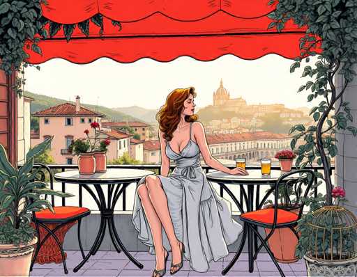 The image depicts a woman sitting at an outdoor table on a balcony overlooking a cityscape. The woman is wearing a white dress and holding a glass of orange juice. The balcony has two chairs and potted plants, creating a serene atmosphere.