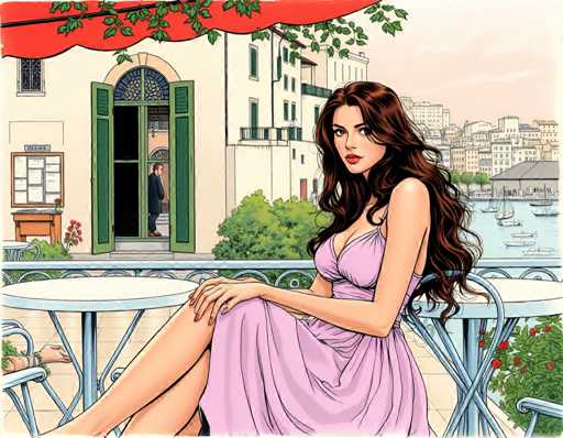 A woman is sitting on a blue chair at an outdoor café with her legs crossed and wearing a pink dress. The café has green shutters and a red awning, and the background features buildings and trees.