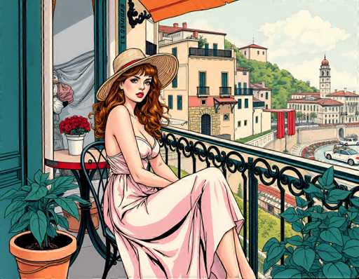 The image depicts a woman sitting on a balcony with her legs crossed and wearing a white dress. The balcony is furnished with a table and chairs, and there are potted plants nearby. In the background, buildings can be seen, suggesting an urban setting.