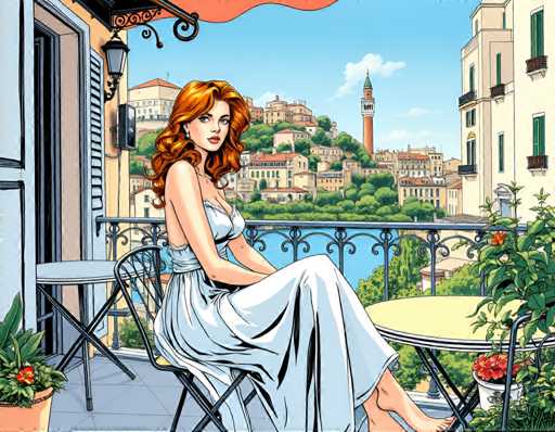 The image depicts a woman sitting on a balcony with her legs crossed and wearing a white dress. The balcony is furnished with two chairs and a table covered by an orange tablecloth. In the background, there are buildings that appear to be part of a cityscape, suggesting an urban setting.