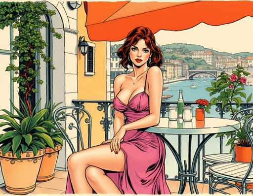 A woman is seated at an outdoor table on a balcony with a view of the city and water. She is wearing a pink dress and has her legs crossed. The table is set for two, with cups and plates arranged neatly in front of it. A potted plant stands to the left of the table, and a large umbrella provides shade over the area.