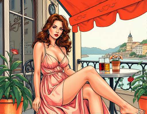 The image depicts a woman sitting on a bench outside a restaurant with an orange umbrella providing shade. She is wearing a pink dress and has her legs crossed. The background shows the ocean and buildings in the distance.