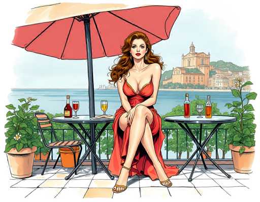 The image depicts a woman sitting on a patio table with an umbrella and wine glasses. She is wearing a red dress and has her legs crossed. The patio features two tables, one of which has a bottle of wine on it. In the background, there are buildings visible in the distance.