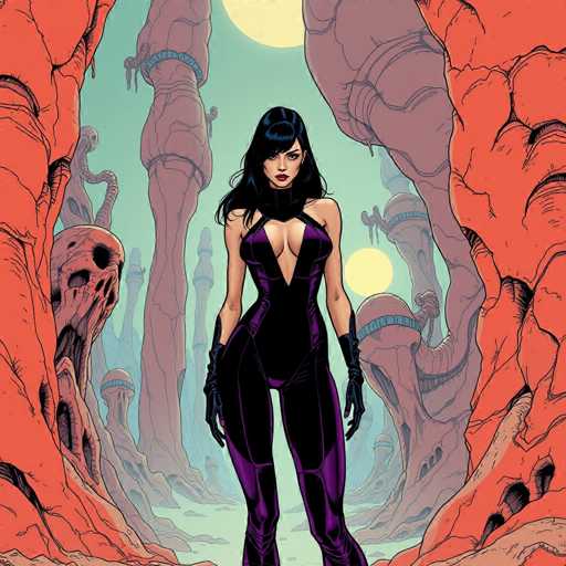 The image depicts a woman wearing a purple outfit with black gloves and boots standing in front of a large rock formation that is part of the Star Wars universe. The background features other rock formations and structures characteristic of the Star Wars franchise.