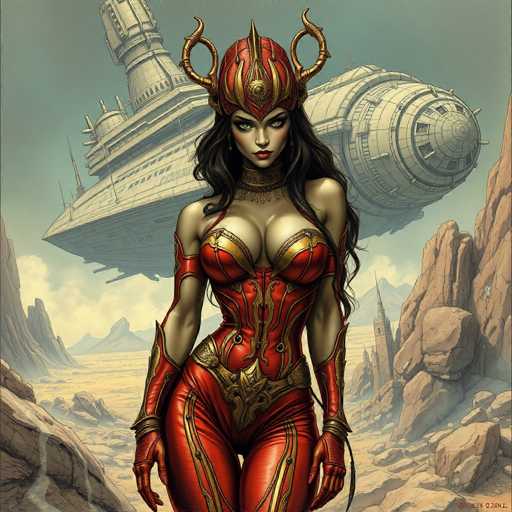 The image depicts a woman with long dark hair and red hair, dressed in a red outfit that includes a corset and a headdress. She is standing in front of a large spaceship, which appears to be a space shuttle or a rocket ship. The background features mountains under a cloudy sky.