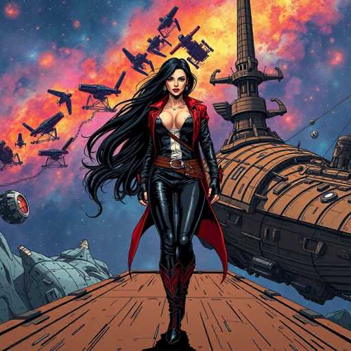 The image depicts a woman with long dark hair and a red coat standing on a wooden platform, facing away from the camera. The background features a large ship surrounded by stars and planets, suggesting an outer space setting.