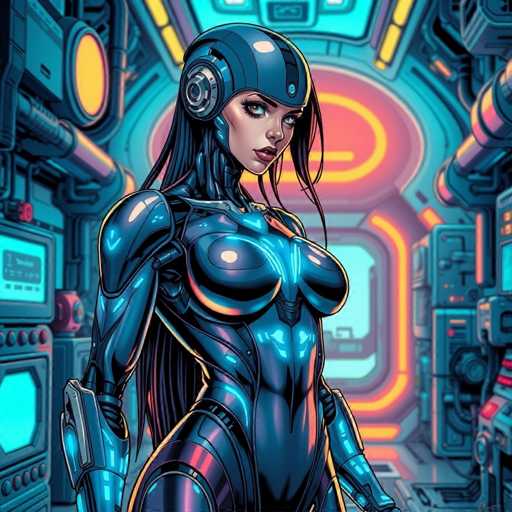 The image depicts a woman wearing a blue bodysuit with a helmet on her head and holding a gun. The background is filled with various machines and equipment, suggesting that the setting could be a futuristic or industrial environment.