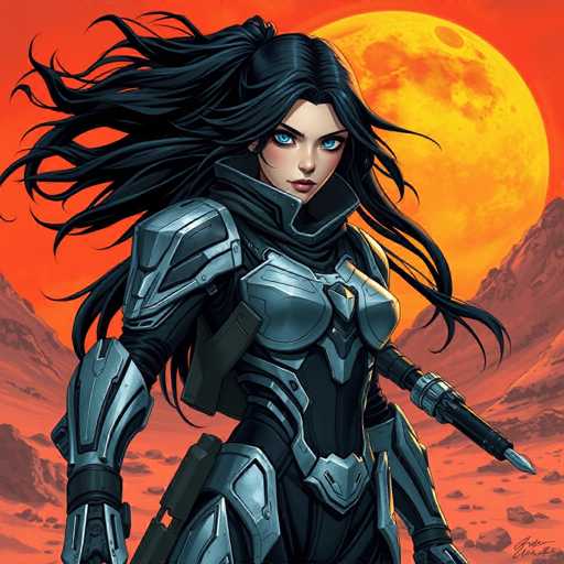 The image depicts a woman with long dark hair wearing a futuristic silver armor suit and holding a sword. The background features an orange sky with a full moon visible behind the woman.