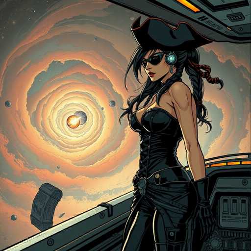 The image depicts a woman wearing a black corset and sunglasses standing on the edge of a spaceship. The background features a large spiral galaxy with orange and yellow hues.