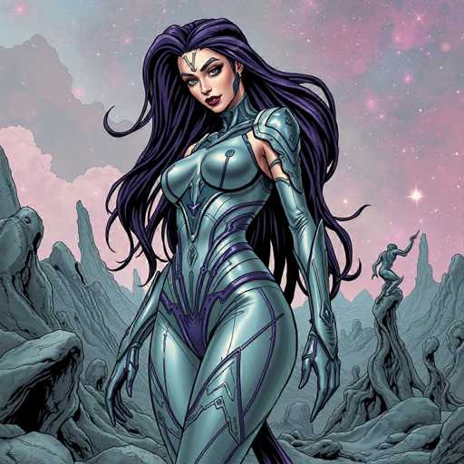 The image depicts a woman with long purple hair and a metallic body suit standing on rocky terrain under a starry sky. The background features mountains and clouds, creating a sense of depth and vastness in the scene.