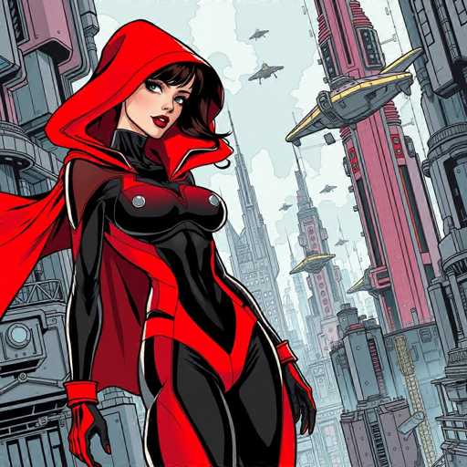 The image depicts a woman dressed as a superhero with a red hood and black bodysuit standing in the center of an urban cityscape. The buildings surrounding her have a futuristic design, suggesting that she is in a world where advanced technology plays a significant role.