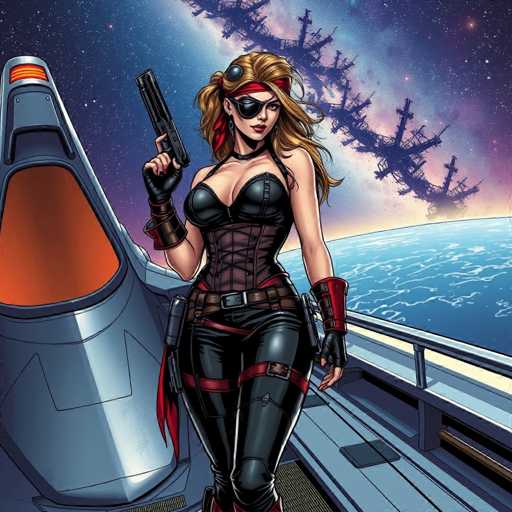 The image depicts a woman dressed as a pirate standing on a bridge with her hands on her hips and holding a gun. The background features a planet with stars and other planets, suggesting the scene is set in outer space or near an alien planet.