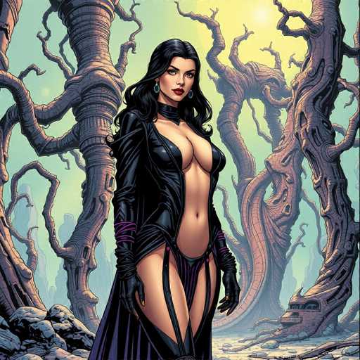 The image depicts a woman with long dark hair and red lips standing in front of a forest filled with trees and bushes. She is wearing a black leather outfit that includes a corset and boots. The background features a blend of green and brown colors, creating an impressionistic style reminiscent of the work of artists such as Van Gogh or Picasso.