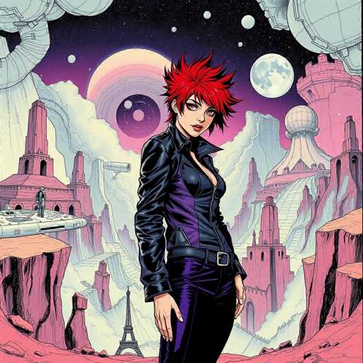 The image depicts a woman with red hair and a black leather jacket standing on a cliff overlooking a cityscape of pink buildings under a starry sky. The scene is rendered in a cartoon style with a focus on the vibrant colors and imaginative elements.