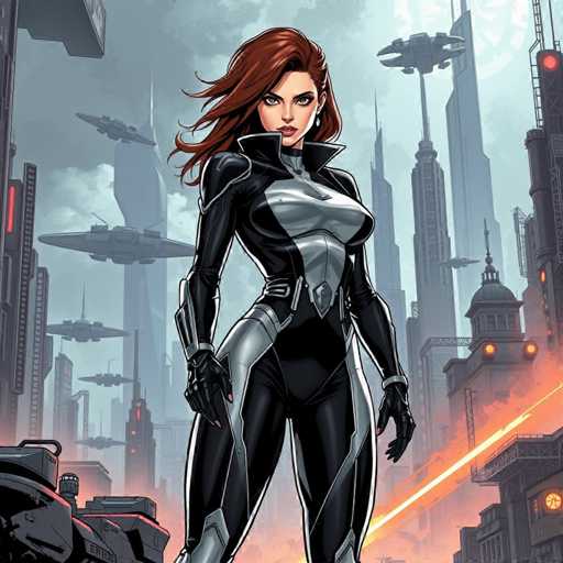 The image depicts a woman with long red hair and dark makeup standing in the center of an urban cityscape. She is wearing a black and silver suit that contrasts with her vibrant appearance. The background features tall buildings and spaceships, creating a futuristic atmosphere.