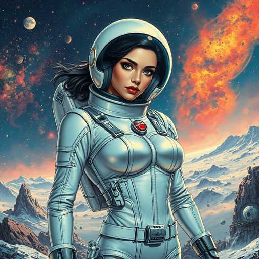 The image depicts a woman wearing a white spacesuit with a red emblem on the chest and helmet that is white with gold accents. She has dark hair styled in loose waves and is standing against a backdrop of a vibrant orange sky filled with planets and stars. The woman appears to be in a state of motion, possibly walking or running, as she gazes directly at the camera.
The style of the image can be described as futuristic or space-themed, with an emphasis on the woman's attire and the celestial elements present in the background.