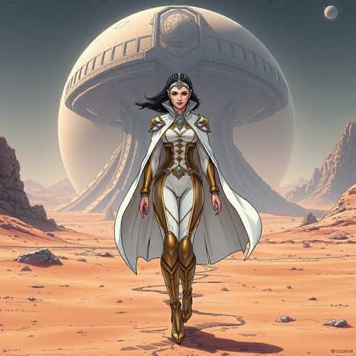 The image depicts a woman wearing a white and gold outfit with a crown on her head, walking towards an imposing structure that resembles a spaceship or a dome-like building. The background features a desert landscape with rocks and sand dunes under a clear sky.