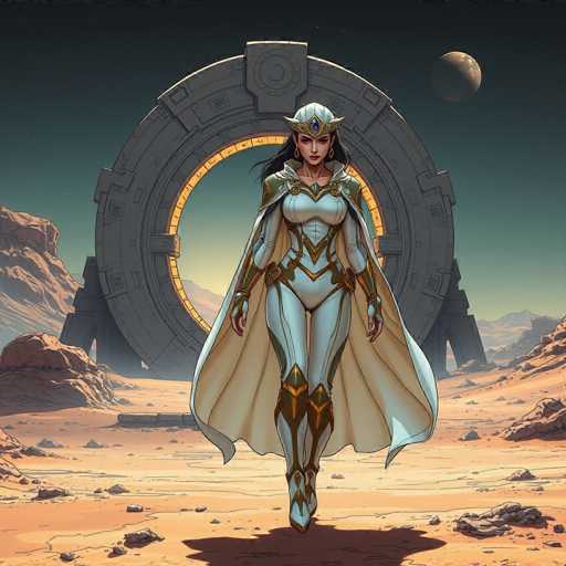 The image depicts a woman with long dark hair and a white dress standing on the right side of the frame against a backdrop of a large silver circle and two distant planets. The woman is positioned in front of a large rock formation that adds depth to the scene.