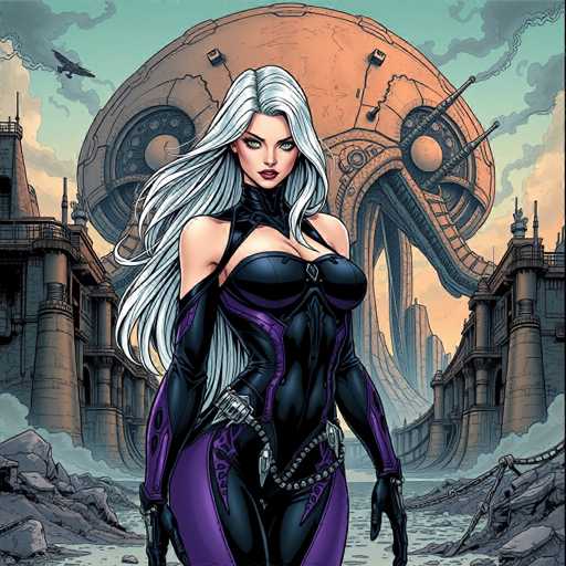 The image depicts a woman with long blonde hair and a purple outfit standing in front of an orange monster-like structure. The background features a castle-like building with towers and turrets, suggesting the scene is set in a medieval or fantasy world.