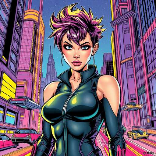 The image depicts a woman with short hair and a purple outfit standing on the street of a city at night. She is wearing a black jumpsuit that has a zipper running down the front. The background shows buildings and cars, suggesting an urban setting.