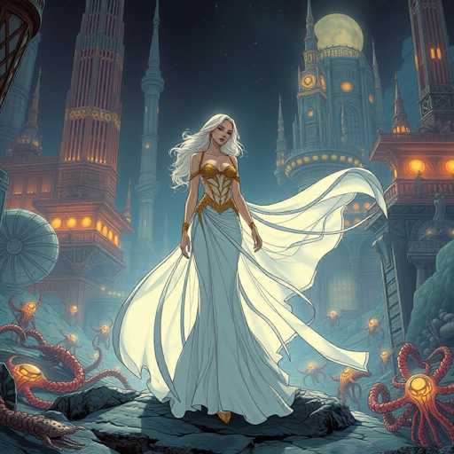 The image depicts a woman with blonde hair and a white dress standing on a rock in the center of a city at night. The city is illuminated by numerous lights, creating a vibrant and bustling atmosphere. In the background, there are tall buildings adorned with gold accents that add to the grandeur of the scene.