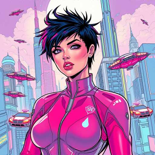 The image depicts a woman with short hair and a black outfit standing against the backdrop of a city skyline filled with tall buildings and flying spaceships. The colors used in the illustration are predominantly pink and blue, creating a futuristic and vibrant atmosphere.