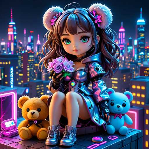 UHD, 8K, ultra detailed A chibi cyberpunk seductress with a giant teddy bear, sitting on a neon-lit rooftop overlooking a city. Her outfit is a cybernetic nightgown, adorned with holographic flowers and pixels. She holds a holographic teddy bear in one hand and a cybernetic tea set in the other. In the style of Hayao Miyazaki., beautiful lighting, great composition-ugly, noisy, blurrySteps: 10, Sampler: DPM++ SDE Karras, Guidance Scale: 2.0, Seed: 1533597448, Size: 1024x1024, Model: ultraspice_v16_f16.ckpt, Strength: 1.0, Seed Mode: Scale Alike, Upscaler: realesrgan_x2plus_f16.ckpt, Target Size: 1024x1024, Crop: (0, 0), Original Size: 1024x1024, Negative Original Size: 512x512, Aesthetic Score: 6.0, Negative Aesthetic Score: 2.5, Zero Negative Prompt: false