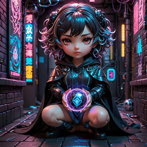 UHD, 8K, ultra detailed A chibi cyberpunk woman with seductive features and a mysterious expression, sitting in a dark alleyway surrounded by neon lights. She's wearing a futuristic cloak and holding a holographic crystal ball that glows with an otherworldly light. Her hair is a pixelated halo of curls around her head. In the style of Yoshitaka Amano., beautiful lighting, great composition-ugly, noisy, blurrySteps: 10, Sampler: DPM++ SDE Karras, Guidance Scale: 2.0, Seed: 1742933085, Size: 1024x1024, Model: realvisxlv40_v40lightningbakedvae_f16.ckpt, Strength: 1.0, Seed Mode: Scale Alike, Upscaler: realesrgan_x2plus_f16.ckpt, Target Size: 1024x1024, Crop: (0, 0), Original Size: 1024x1024, Negative Original Size: 512x512, Aesthetic Score: 6.0, Negative Aesthetic Score: 2.5, Zero Negative Prompt: false