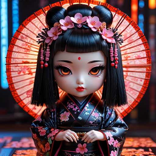 UHD, 8K, ultra detailed, a cinematic photograph of A chibi cyberpunk geisha, her petite form dressed in an ornate kimono that glows with neon accents and holographic patterns. Her long black hair is styled in intricate braids, adorned with holographic flowers and synthetic pearls. She holds a fan made of laser-cut bamboo and solar panels, its edges emitting gentle warmth. In the style of Tatsuya Ishida., beautiful lighting, great composition-ugly, deformed, noisy, blurrySteps: 10, Sampler: DPM++ SDE Karras, Guidance Scale: 2.0, Seed: 246258574, Size: 1024x1024, Model: juggernaut_xl_v9_lightning_f16.ckpt, Strength: 1.0, Seed Mode: Scale Alike, Upscaler: realesrgan_x2plus_f16.ckpt, Target Size: 1024x1024, Crop: (0, 0), Original Size: 1024x1024, Negative Original Size: 512x512, Aesthetic Score: 6.0, Negative Aesthetic Score: 2.5, Zero Negative Prompt: false