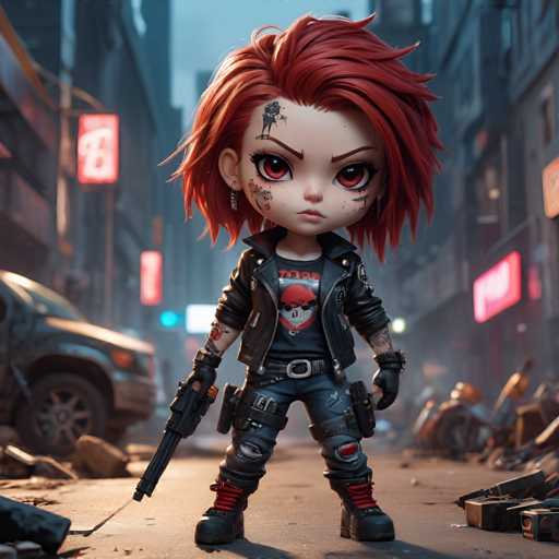 UHD, 8K, ultra detailed, a cinematic photograph of A chibi cyberpunk woman with a rebellious attitude, wearing ripped jeans and a leather jacket covered in patches. Her short red hair is messy and spiky, and she has multiple piercings and tattoos. She wields a chainsaw as her weapon of choice and wears a bandana to cover her mouth. In the style of Moebius., beautiful lighting, great composition-ugly, deformed, noisy, blurrySteps: 8, Sampler: DPM++ SDE Karras, Guidance Scale: 1.8, Seed: 2994983854, Size: 1024x1024, Model: jibmixrealisticxl_v10_lightning_f16.ckpt, Strength: 1.0, Seed Mode: Scale Alike, Upscaler: realesrgan_x2plus_f16.ckpt, Target Size: 1024x1024, Crop: (0, 0), Original Size: 1024x1024, Negative Original Size: 512x512, Aesthetic Score: 6.0, Negative Aesthetic Score: 2.5, Zero Negative Prompt: false