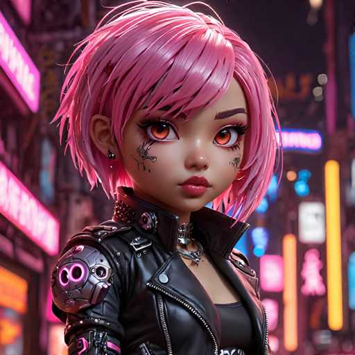 UHD, 8K, ultra detailed A chibi woman with short, spiky pink hair and piercing cybernetic eyes. She wears a form-fitting leather jacket and miniskirt, both adorned with neon lights and intricate cybernetic designs. Her lips are curled into a sly grin as she holds a smoking cyberpunk pistol. In the style of Katsuya Terada., beautiful lighting, great composition-ugly, noisy, blurrySteps: 10, Sampler: DPM++ SDE Karras, Guidance Scale: 2.0, Seed: 3599707116, Size: 1024x1024, Model: juggernaut_xl_v9_lightning_f16.ckpt, Strength: 1.0, Seed Mode: Scale Alike, Upscaler: realesrgan_x2plus_f16.ckpt, Target Size: 1024x1024, Crop: (0, 0), Original Size: 1024x1024, Negative Original Size: 512x512, Aesthetic Score: 6.0, Negative Aesthetic Score: 2.5, Zero Negative Prompt: false