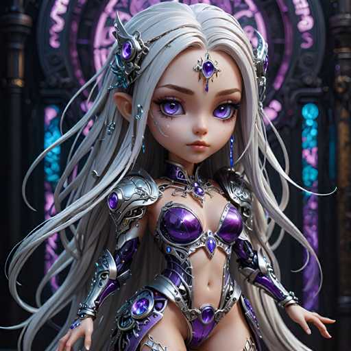 UHD, 8K, ultra detailed A mysterious chibi cyberpunk sorceress with long, flowing silver hair and enchanting violet eyes. Her body is encased in a shimmering, crystalline exoskeleton that seems to change color with her emotions. She carries an ancient, ornate staff adorned with precious gems and intricate runes. In the style of Moebius., beautiful lighting, great composition-ugly, noisy, blurrySteps: 10, Sampler: DPM++ SDE Karras, Guidance Scale: 2.0, Seed: 3398696779, Size: 1024x1024, Model: realvisxlv40_v40lightningbakedvae_f16.ckpt, Strength: 1.0, Seed Mode: Scale Alike, Upscaler: realesrgan_x2plus_f16.ckpt, Target Size: 1024x1024, Crop: (0, 0), Original Size: 1024x1024, Negative Original Size: 512x512, Aesthetic Score: 6.0, Negative Aesthetic Score: 2.5, Zero Negative Prompt: false