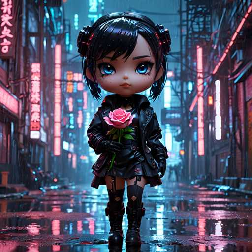 UHD, 8K, ultra detailed, a cinematic photograph of A chibi cyberpunk seductress, her neon-lit eyes glowing with an otherworldly allure as she clutches a holographic rose. Her silhouette is framed by the rain-soaked streets of a dystopian metropolis, smokestacks looming in the background. In the style of Yoshitaka Amano., beautiful lighting, great composition-ugly, deformed, noisy, blurrySteps: 10, Sampler: DPM++ SDE Karras, Guidance Scale: 2.0, Seed: 256035062, Size: 1024x1024, Model: juggernaut_xl_v9_lightning_f16.ckpt, Strength: 1.0, Seed Mode: Scale Alike, Upscaler: realesrgan_x2plus_f16.ckpt, Target Size: 1024x1024, Crop: (0, 0), Original Size: 1024x1024, Negative Original Size: 512x512, Aesthetic Score: 6.0, Negative Aesthetic Score: 2.5, Zero Negative Prompt: false