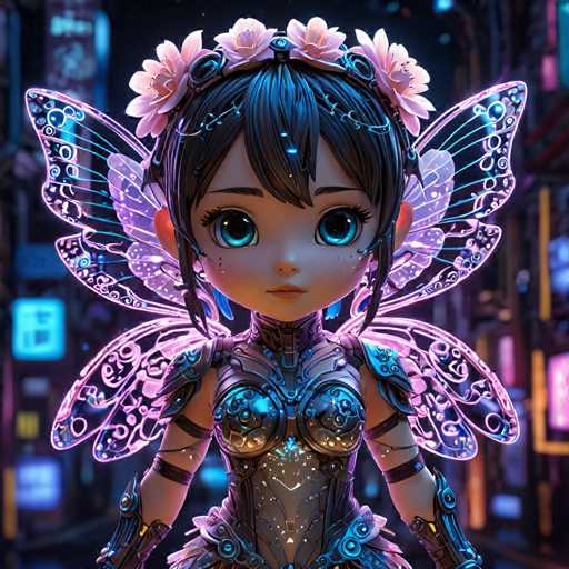 UHD, 8K, ultra detailed A chibi cyberpunk fairy, her tiny wings made up of delicate, glowing gears and wires. Her body is covered in intricate circuitry patterns, and she carries a tiny, glowing wand. She wears a flower crown made of neon lights and a diaphanous, iridescent dress. In the style of Hayao Miyazaki., beautiful lighting, great composition-ugly, noisy, blurrySteps: 10, Sampler: DPM++ SDE Karras, Guidance Scale: 2.0, Seed: 125681200, Size: 1024x1024, Model: juggernaut_xl_v9_lightning_f16.ckpt, Strength: 1.0, Seed Mode: Scale Alike, Upscaler: realesrgan_x2plus_f16.ckpt, Target Size: 1024x1024, Crop: (0, 0), Original Size: 1024x1024, Negative Original Size: 512x512, Aesthetic Score: 6.0, Negative Aesthetic Score: 2.5, Zero Negative Prompt: false