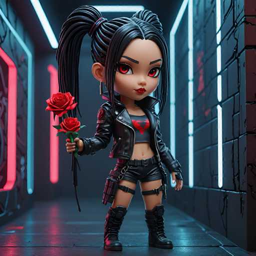 UHD, 8K, ultra detailed, a cinematic photograph of A chibi cyberpunk temptress, her black hair in tight braids as she leans against a neon-lit wall, her red lips curving into a knowing smile as she offers a holographic rose to a passing cyborg. She wears a leather jacket with spiked shoulders and carries a whip made of glowing energy. In the style of Frank Miller., beautiful lighting, great composition-ugly, deformed, noisy, blurrySteps: 8, Sampler: DPM++ SDE Karras, Guidance Scale: 1.8, Seed: 343249311, Size: 1024x1024, Model: fitcordermix_turbo_f16.ckpt, Strength: 1.0, Seed Mode: Scale Alike, Upscaler: realesrgan_x2plus_f16.ckpt, Target Size: 1024x1024, Crop: (0, 0), Original Size: 1024x1024, Negative Original Size: 512x512, Aesthetic Score: 6.0, Negative Aesthetic Score: 2.5, Zero Negative Prompt: false