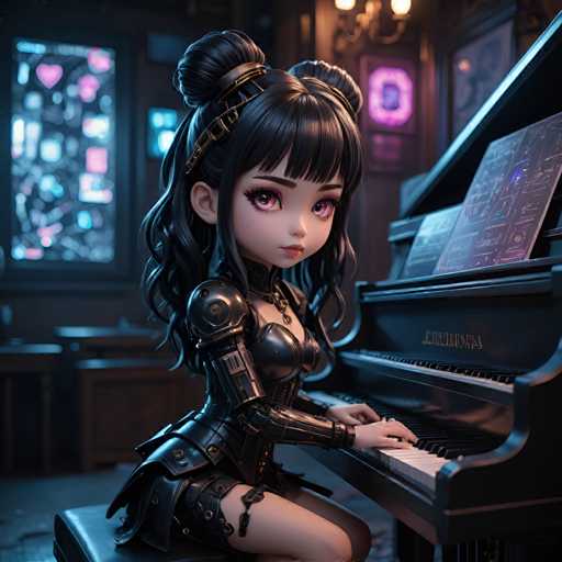 UHD, 8K, ultra detailed, a cinematic photograph of A chibi cyberpunk seductress, her neon-lit eyes softening as she plays a haunting melody on an old-fashioned piano, its keys glowing with an ethereal light. Her cybernetic enhancements include mechanical hands and a heart-shaped monitor displaying her vital signs. In the style of Katsuya Terada., beautiful lighting, great composition-ugly, deformed, noisy, blurrySteps: 8, Sampler: DPM++ SDE Karras, Guidance Scale: 1.8, Seed: 3008121338, Size: 1024x1024, Model: dreamshaperxl_v21_turbo_f16.ckpt, Strength: 1.0, Seed Mode: Scale Alike, Upscaler: realesrgan_x2plus_f16.ckpt, Target Size: 1024x1024, Crop: (0, 0), Original Size: 1024x1024, Negative Original Size: 512x512, Aesthetic Score: 6.0, Negative Aesthetic Score: 2.5, Zero Negative Prompt: false