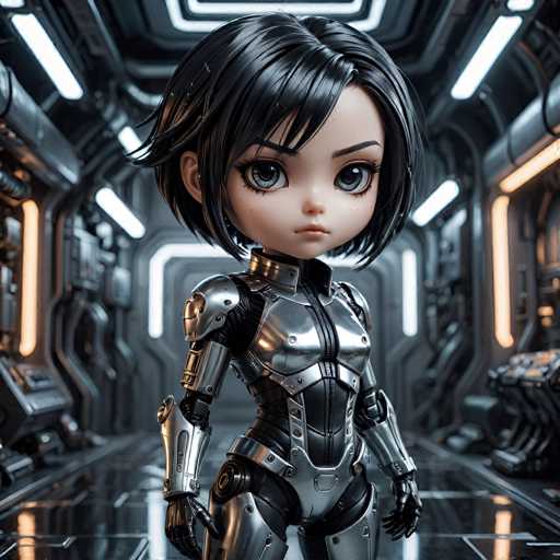 UHD, 8K, ultra detailed, a cinematic photograph of A chibi cyberpunk woman with an androgynous appearance, wearing a suit made of shimmering silver fabric. Her short black hair is styled in a sleek bob, and she carries a pair of high-tech pistols. Her expression is serious yet slightly amused. In the style of H.R. Giger., beautiful lighting, great composition-ugly, deformed, noisy, blurrySteps: 8, Sampler: DPM++ SDE Karras, Guidance Scale: 1.8, Seed: 1366527590, Size: 1024x1024, Model: realvisxl_v40_lightning_f16.ckpt, Strength: 1.0, Seed Mode: Scale Alike, Upscaler: realesrgan_x2plus_f16.ckpt, Target Size: 1024x1024, Crop: (0, 0), Original Size: 1024x1024, Negative Original Size: 512x512, Aesthetic Score: 6.0, Negative Aesthetic Score: 2.5, Zero Negative Prompt: false