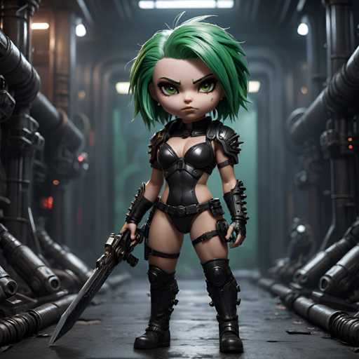 UHD, 8K, ultra detailed, a cinematic photograph of A chibi cyberpunk woman with short green hair styled in a mohawk, dressed in a leather bikini with metal studs. She carries a massive plasma sword and wears a gas mask with built-in communication device. Her eyes are fierce and determined, her expression one of battle readiness. In the style of H.R. Giger., beautiful lighting, great composition-ugly, deformed, noisy, blurrySteps: 10, Sampler: DPM++ SDE Karras, Guidance Scale: 2.0, Seed: 3687140601, Size: 1024x1024, Model: fenrisxl_sdxllightning_f16.ckpt, Strength: 1.0, Seed Mode: Scale Alike, Upscaler: realesrgan_x2plus_f16.ckpt, Target Size: 1024x1024, Crop: (0, 0), Original Size: 1024x1024, Negative Original Size: 512x512, Aesthetic Score: 6.0, Negative Aesthetic Score: 2.5, Zero Negative Prompt: false