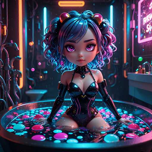 UHD, 8K, ultra detailed, a cinematic photograph of A chibi cyberpunk seductress, her neon-lit eyes playfully teasing as she sits in a neon-lit bathtub filled with bubbles and rainbow-colored liquid. Her cybernetic enhancements include a mermaid's tail and a pair of water balloons shaped like hearts. In the style of Hideaki Anno., beautiful lighting, great composition-ugly, deformed, noisy, blurrySteps: 8, Sampler: DPM++ SDE Karras, Guidance Scale: 1.8, Seed: 3121384870, Size: 1024x1024, Model: dreamshaperxl_lightning_f16.ckpt, Strength: 1.0, Seed Mode: Scale Alike, Upscaler: realesrgan_x2plus_f16.ckpt, Target Size: 1024x1024, Crop: (0, 0), Original Size: 1024x1024, Negative Original Size: 512x512, Aesthetic Score: 6.0, Negative Aesthetic Score: 2.5, Zero Negative Prompt: false