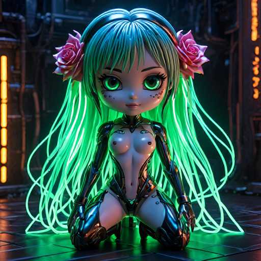 UHD, 8K, ultra detailed, a cinematic photograph of A chibi cyberpunk seductress, her body encased in a shimmering, rainbow-colored exoskeleton that seems to pulse and glow with its own inner light. Her eyes are twin orbs of glowing neon green, and her long, flowing hair is a cascade of iridescent strands that seem to shift and change with the light. She holds out a holographic rose, its petals unfurling as she offers it to you with an enigmatic smile. In the style of Hajime Sorayama., beautiful lighting, great composition-ugly, deformed, noisy, blurrySteps: 8, Sampler: DPM++ SDE Karras, Guidance Scale: 1.8, Seed: 3402434269, Size: 1024x1024, Model: juggernautxl_juggxrundiffusion_f16.ckpt, Strength: 1.0, Seed Mode: Scale Alike, Upscaler: realesrgan_x2plus_f16.ckpt, Target Size: 1024x1024, Crop: (0, 0), Original Size: 1024x1024, Negative Original Size: 512x512, Aesthetic Score: 6.0, Negative Aesthetic Score: 2.5, Zero Negative Prompt: false