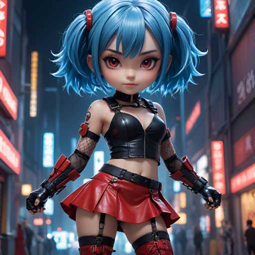 UHD, 8K, ultra detailed, a cinematic photograph of A chibi cyberpunk woman with short, blue hair and a mischievous grin. She's wearing a red leather miniskirt and fishnet stockings, her weapon being a pair of nunchucks. Her cybernetic implants include cybernetic eyes that change color based on her emotions. In the style of Shirow Masamune., beautiful lighting, great composition-ugly, deformed, noisy, blurrySteps: 8, Sampler: DPM++ SDE Karras, Guidance Scale: 1.8, Seed: 1346605370, Size: 1024x1024, Model: mexxl_lcm_yy_f16.ckpt, Strength: 1.0, Seed Mode: Scale Alike, Upscaler: realesrgan_x2plus_f16.ckpt, Target Size: 1024x1024, Crop: (0, 0), Original Size: 1024x1024, Negative Original Size: 512x512, Aesthetic Score: 6.0, Negative Aesthetic Score: 2.5, Zero Negative Prompt: false