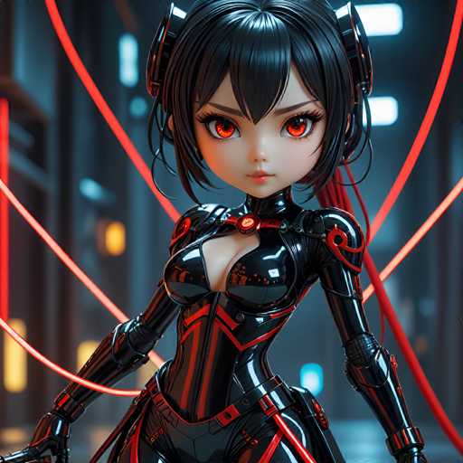 UHD, 8K, ultra detailed, a cinematic photograph of A chibi version of an android woman with a seductive expression, wearing a black latex catsuit. Her eyes are glowing red, and she has long, flowing wires instead of hair. She holds a large, phallic-shaped energy weapon, exuding both power and allure. In the style of Shirow Masamune., beautiful lighting, great composition-ugly, deformed, noisy, blurrySteps: 8, Sampler: DPM++ SDE Karras, Guidance Scale: 1.8, Seed: 1010825962, Size: 1024x1024, Model: ultraspicexl_turbo_v15_f16.ckpt, Strength: 1.0, Seed Mode: Scale Alike, Upscaler: realesrgan_x2plus_f16.ckpt, Target Size: 1024x1024, Crop: (0, 0), Original Size: 1024x1024, Negative Original Size: 512x512, Aesthetic Score: 6.0, Negative Aesthetic Score: 2.5, Zero Negative Prompt: false