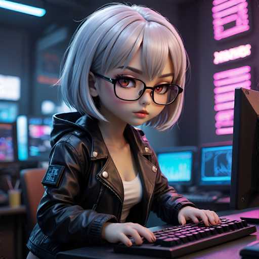 UHD, 8K, ultra detailed A chibi Niji sits in a dimly lit cyber café, typing away at an old-fashioned computer keyboard with holographic numbers. Her short bob is styled in a sleek, futuristic way, and her eyes are hidden behind large, tinted glasses. She wears a tight, leather jacket adorned with neon lights and a pair of high-waisted shorts. A holographic cigarette hangs from her lips as she types intently, surrounded by a cloud of neon smoke. In the style of Shirow Masamune., beautiful lighting, great composition-ugly, noisy, blurrySteps: 10, Sampler: DPM++ SDE Karras, Guidance Scale: 2.0, Seed: 394314735, Size: 1024x1024, Model: fenrisxl_sdxllightning_f16.ckpt, Strength: 1.0, Seed Mode: Scale Alike, Upscaler: realesrgan_x2plus_f16.ckpt, Target Size: 1024x1024, Crop: (0, 0), Original Size: 1024x1024, Negative Original Size: 512x512, Aesthetic Score: 6.0, Negative Aesthetic Score: 2.5, Zero Negative Prompt: false