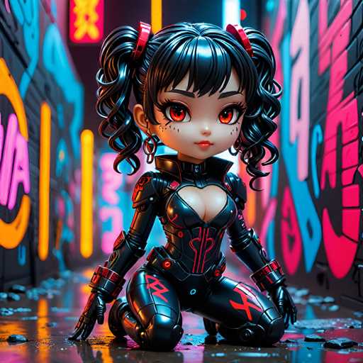 UHD, 8K, ultra detailed, a cinematic photograph of A chibi cyberpunk seductress, her neon-lit eyes gleaming with mischief as she leans against a graffiti-covered wall. Her miniature form is clad in a skintight leather catsuit, adorned with circuitry and holographic patterns. A halo of synthetic curls frames her face, and a red lipstick smile plays upon her lips. In the style of Yoshitaka Amano., beautiful lighting, great composition-ugly, deformed, noisy, blurrySteps: 10, Sampler: DPM++ SDE Karras, Guidance Scale: 2.0, Seed: 1280595045, Size: 1024x1024, Model: ultraspice_v16_f16.ckpt, Strength: 1.0, Seed Mode: Scale Alike, Upscaler: realesrgan_x2plus_f16.ckpt, Target Size: 1024x1024, Crop: (0, 0), Original Size: 1024x1024, Negative Original Size: 512x512, Aesthetic Score: 6.0, Negative Aesthetic Score: 2.5, Zero Negative Prompt: false